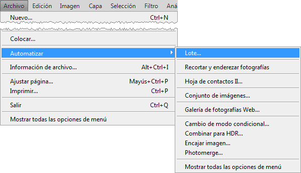 Archivo &rarr; Automatizar &rarr; Lote...