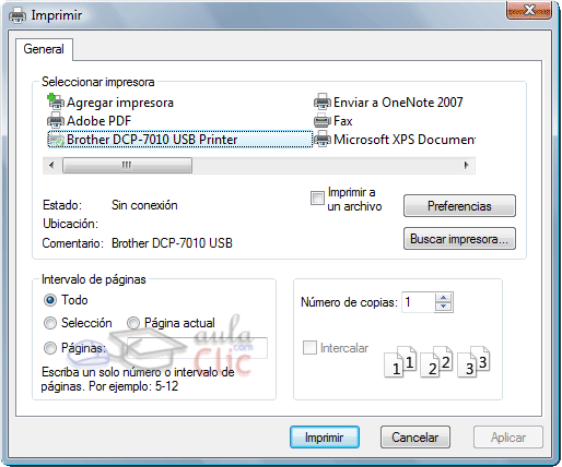 Caudro de di&aacute;logo de Imprimir en el men&uacute; Archivo