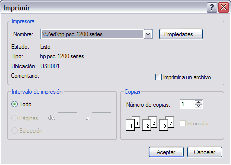 Caudro de diálogo de Imprimir en el menú Archivo