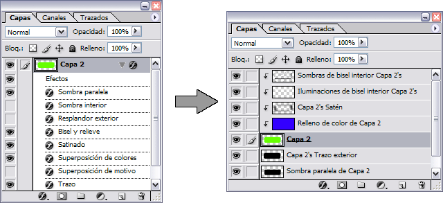 Estilos de capa (izquierda). Estilos de capa convertidos en Capas (derecha).