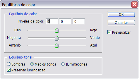 Cuadro de di&aacute;logo de Equilibrio de color