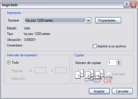 Caudro de diálogo de Imprimir en el menú Archivo