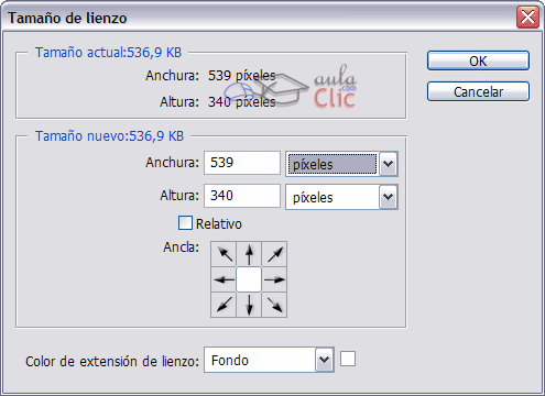 Cuadro de di&aacute;logo de Tama&ntilde;o de lienzo