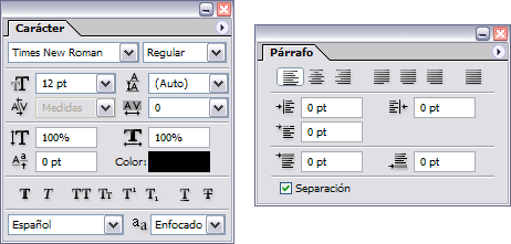 Ventanas de opciones de carácter y párrafo