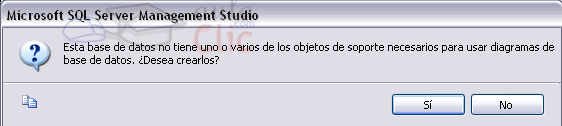 SSMS - Aviso de confirmaci&oacute;n para la creaci&oacute;n de un nuevo diagrama