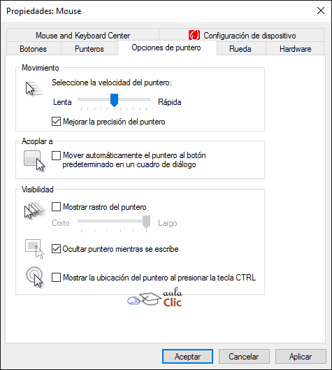 Propiedades del rat&oacute;n -  Opciones de puntero