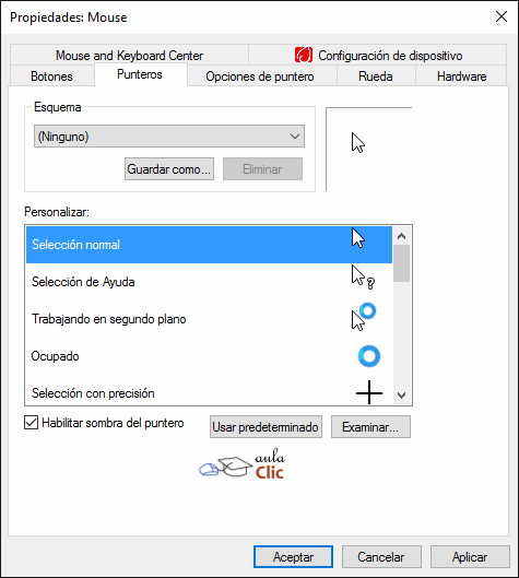 Propiedades del rat&oacute;n - Punteros