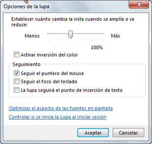Opciones de la lupa