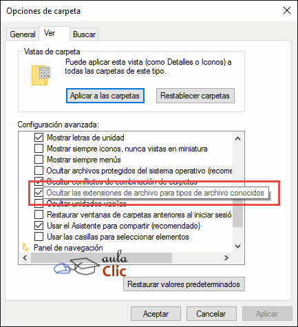 Ventana opciones de carpeta