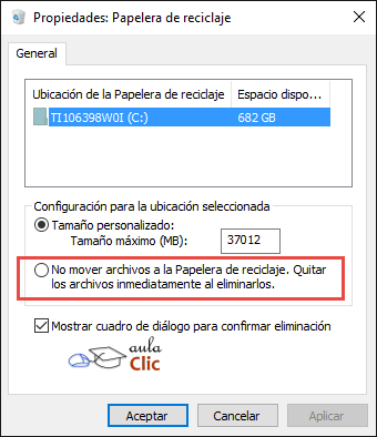 Propiedades de la papelera de reciclaje