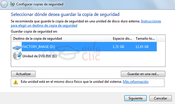 Configurar copias de seguridad - Elegir unidad para guardar la copia