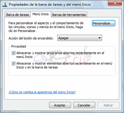 Propiedades de la barra de tareas y el men&uacute; inicio