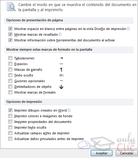 Opciones de impresión