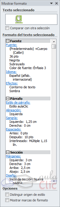 Panel Mostrar formato
