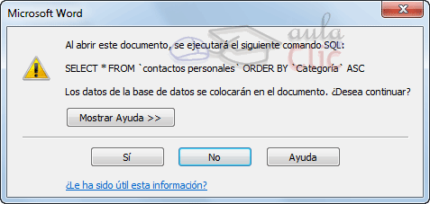 Aviso ejecuci&oacute;n de SQL