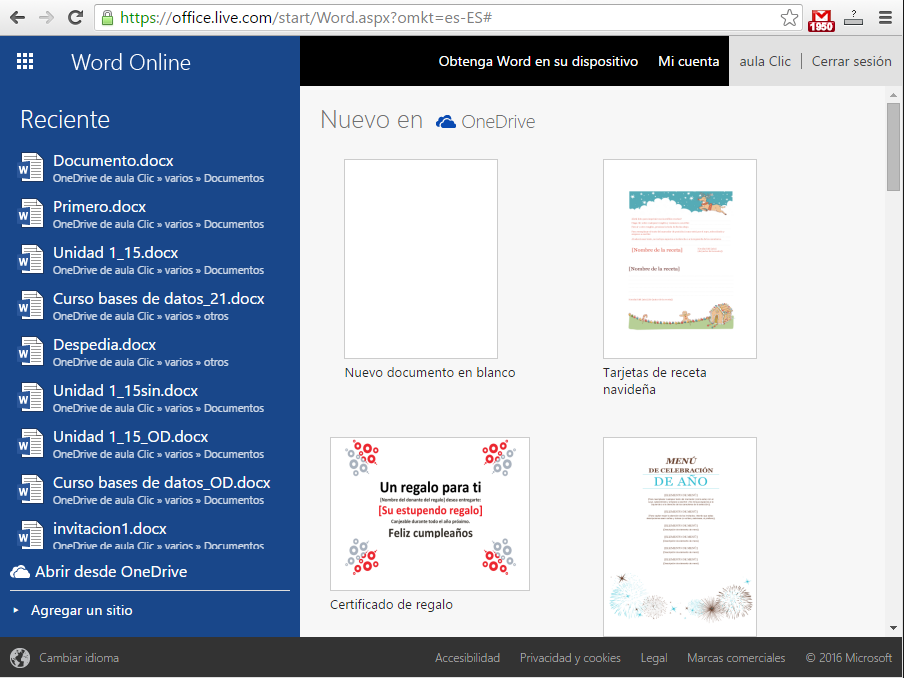 Pantalla inicial de Word online