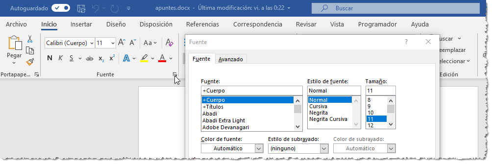 Abrir cuadro de di&aacute;logo fuente