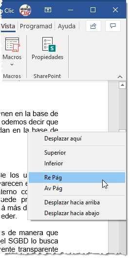 men&uacute; contextual de la barra de desplazamiento