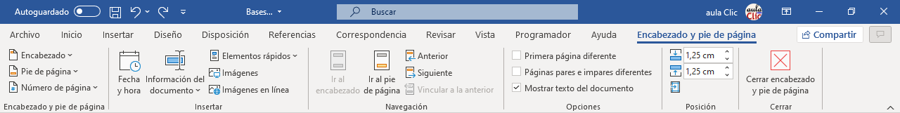 Herramientas de encabezado y pie de p&aacute;gina