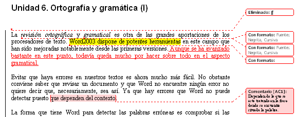Control de cambios, comentarios, resaltado
