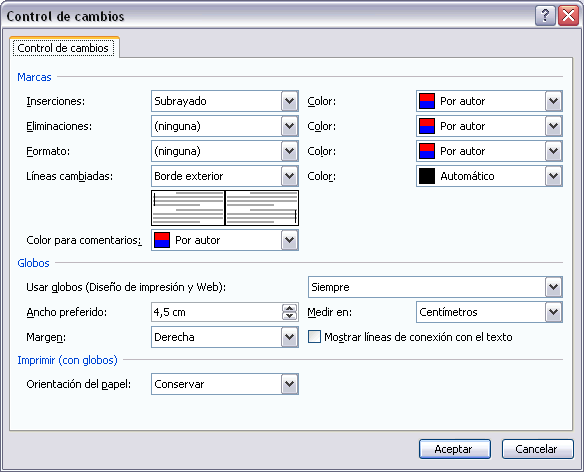 Opciones control de cambios