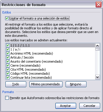 Restricciones de formateo