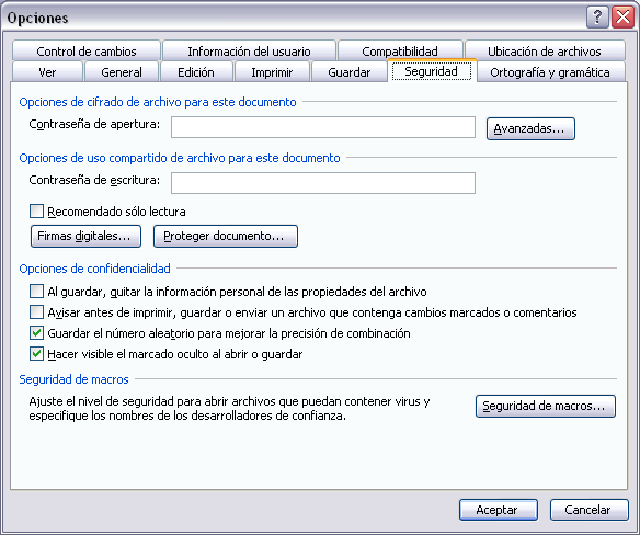 Opciones - Seguridad